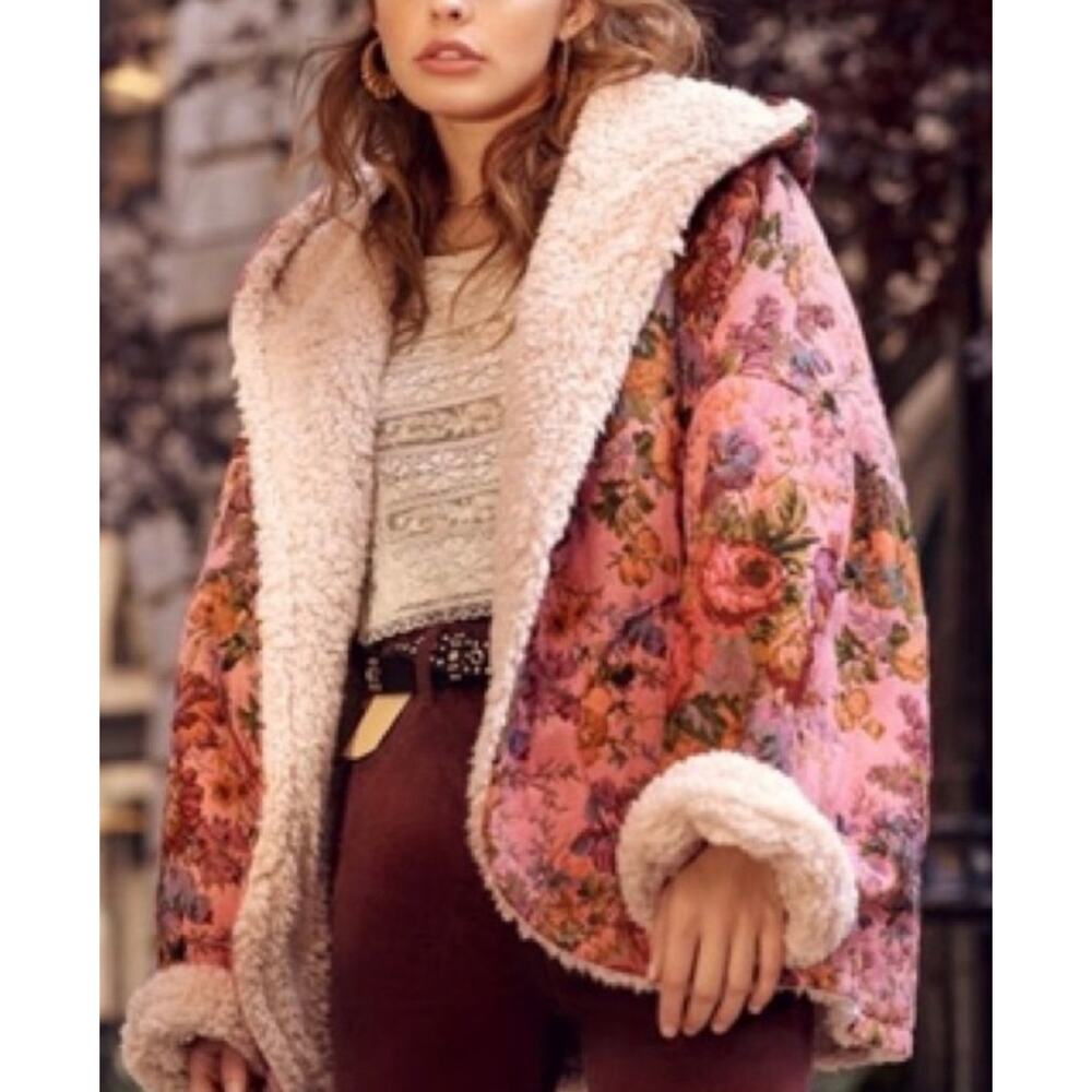 Urban Outfitters Inspired Beatriz Fuzzy Reversible Coat Jacket L Floral Fleece - Picture 9 of 11
